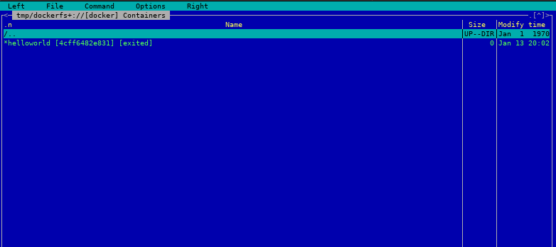 Screenshot of Midnight Commander with dockerfs showing available containers