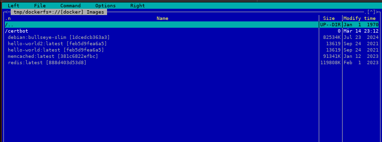 Screenshot of Midnight Commander with dockerfs showing available images