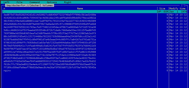 Screenshot of Midnight Commander with dockerfs showing available volumes